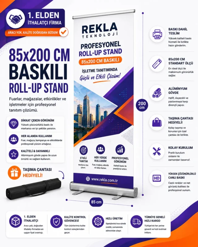 85x200 cm baskılı roll up stand alüminyum gövdeli profesyonel tanıtım bannerı