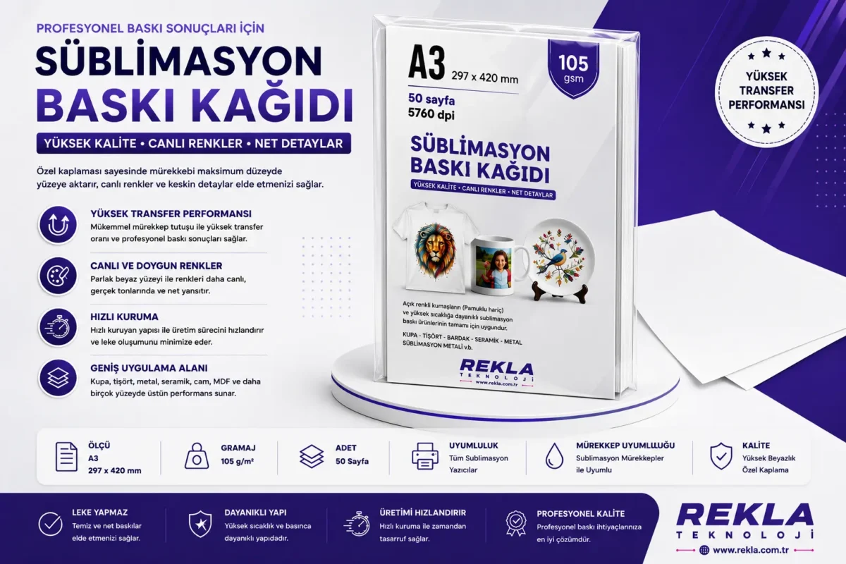 A3 sublimasyon baskı kağıdı 105 gram 50 yaprak yüksek transfer performanslı transfer kağıdı