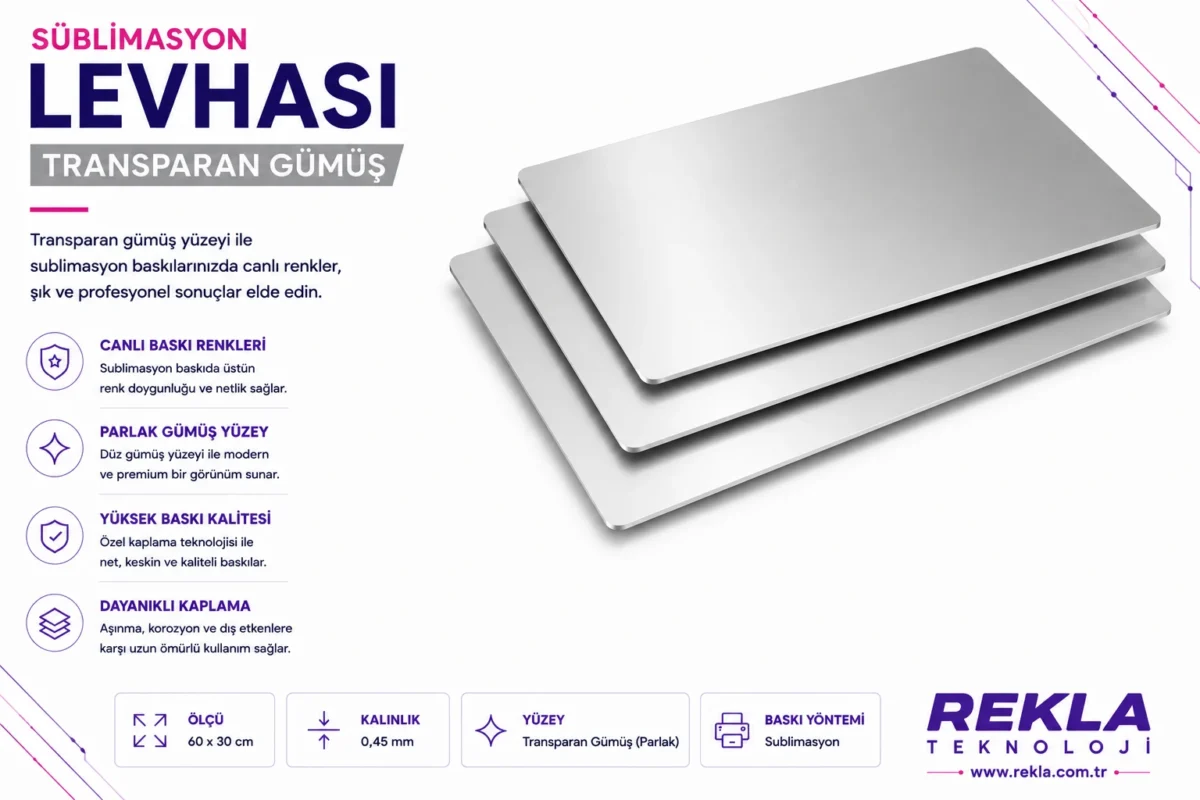 Transparan gümüş sublimasyon levhası 60x30 cm 0.45 mm parlak gümüş yüzeyli baskı metali