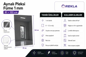 Füme aynalı pleksi levha 1 mm 81×122 cm teknik özellikler ve kullanım alanları görseli