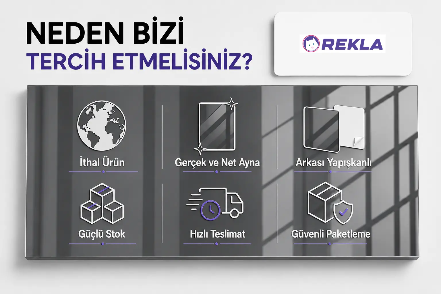 Füme aynalı pleksi levha 1 mm 81×122 cm Rekla avantajları tanıtım görseli