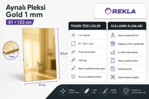 Gold aynalı pleksi levha 1 mm 81×122 cm teknik özellikler ve kullanım alanları görseli