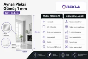 Gümüş aynalı pleksi levha 1 mm 122×244 cm teknik özellikler ve kullanım alanları görseli