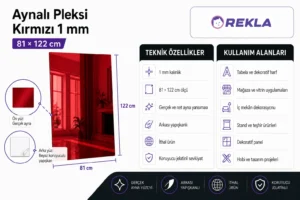 Kırmızı aynalı pleksi levha 1 mm 81×122 cm teknik özellikler ve kullanım alanları görseli