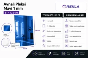 Mavi aynalı pleksi levha 1 mm 81×122 cm teknik özellikler ve kullanım alanları görseli