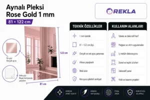 Rose Gold aynalı pleksi levha 1 mm 81×122 cm teknik özellikler ve kullanım alanları görseli