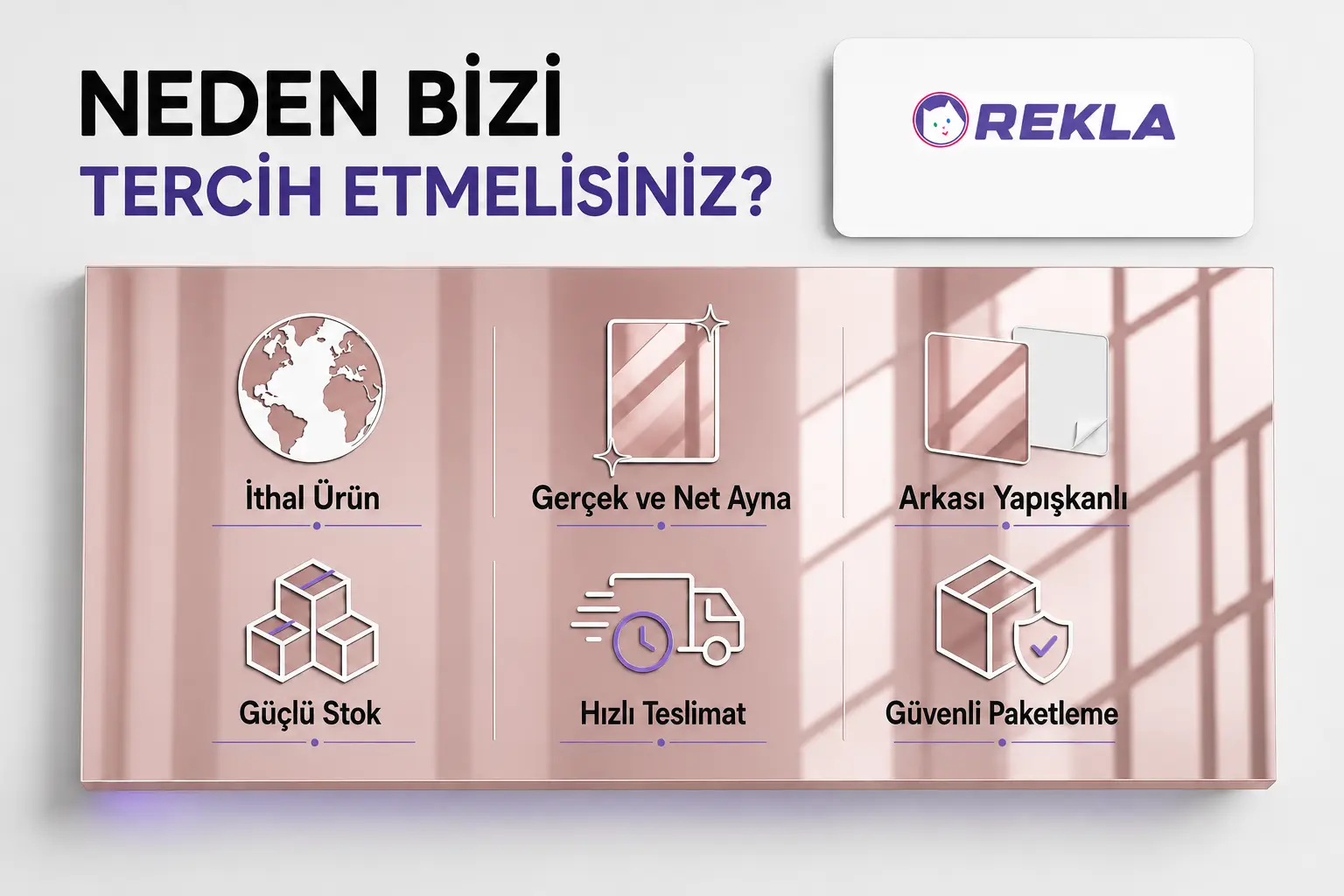 Rose Gold aynalı pleksi levha 1 mm 81×122 cm Rekla avantajları tanıtım görseli