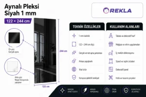 Siyah aynalı pleksi levha 1 mm 122×244 cm teknik özellikler ve kullanım alanları görseli