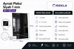 Siyah aynalı pleksi levha 1 mm 81×122 cm teknik özellikler ve kullanım alanları görseli