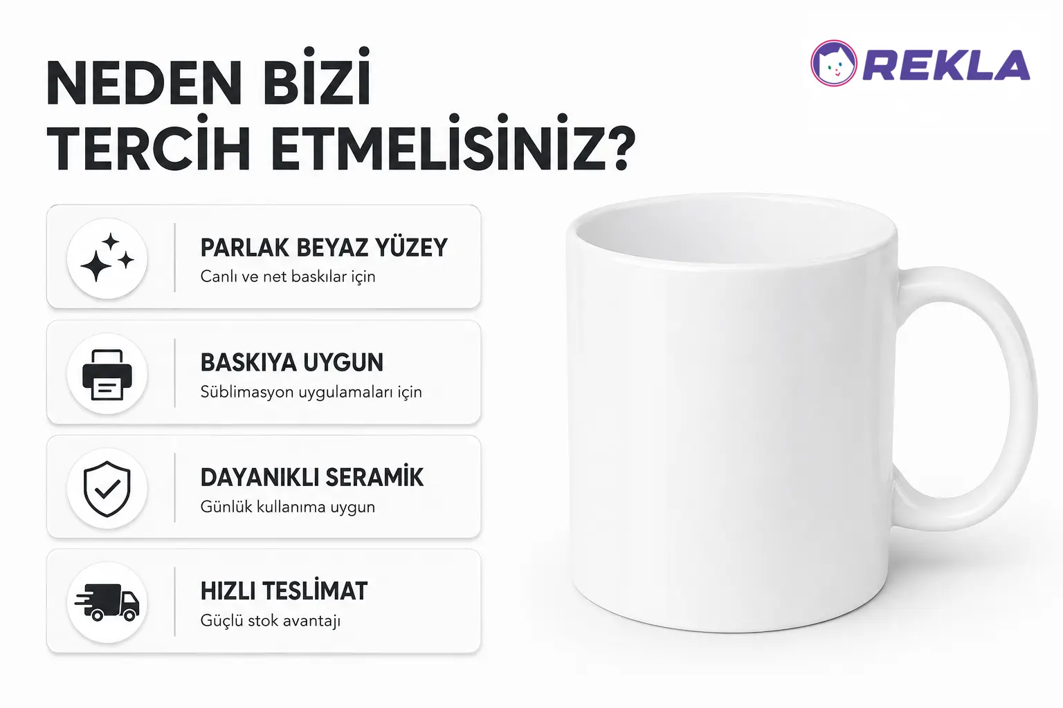 Süblimasyon Kupa Bardak Beyaz Rekla avantajları tanıtım görseli