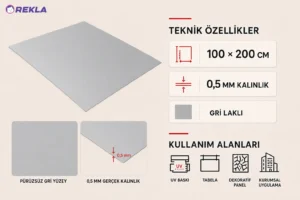 gri laklı UV baskı alüminyum levha 0,5 mm 100×200 cm teknik özellikler ve kullanım alanları görseli