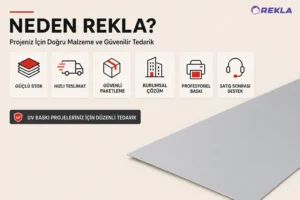 gri laklı UV baskı alüminyum levha 0,5 mm 100×200 cm Rekla avantajları tanıtım görseli