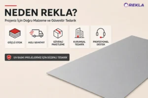 gri laklı UV baskı alüminyum levha 0,7 mm 100×200 cm Rekla avantajları tanıtım görseli