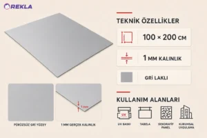 gri laklı UV baskı alüminyum levha 1 mm 100×200 cm teknik özellikler ve kullanım alanları görseli